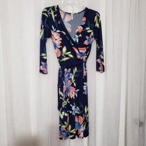 Tria Tria Blue Faux Wrap Floral Spring Hawaiian Career Stretch Dress V Neck